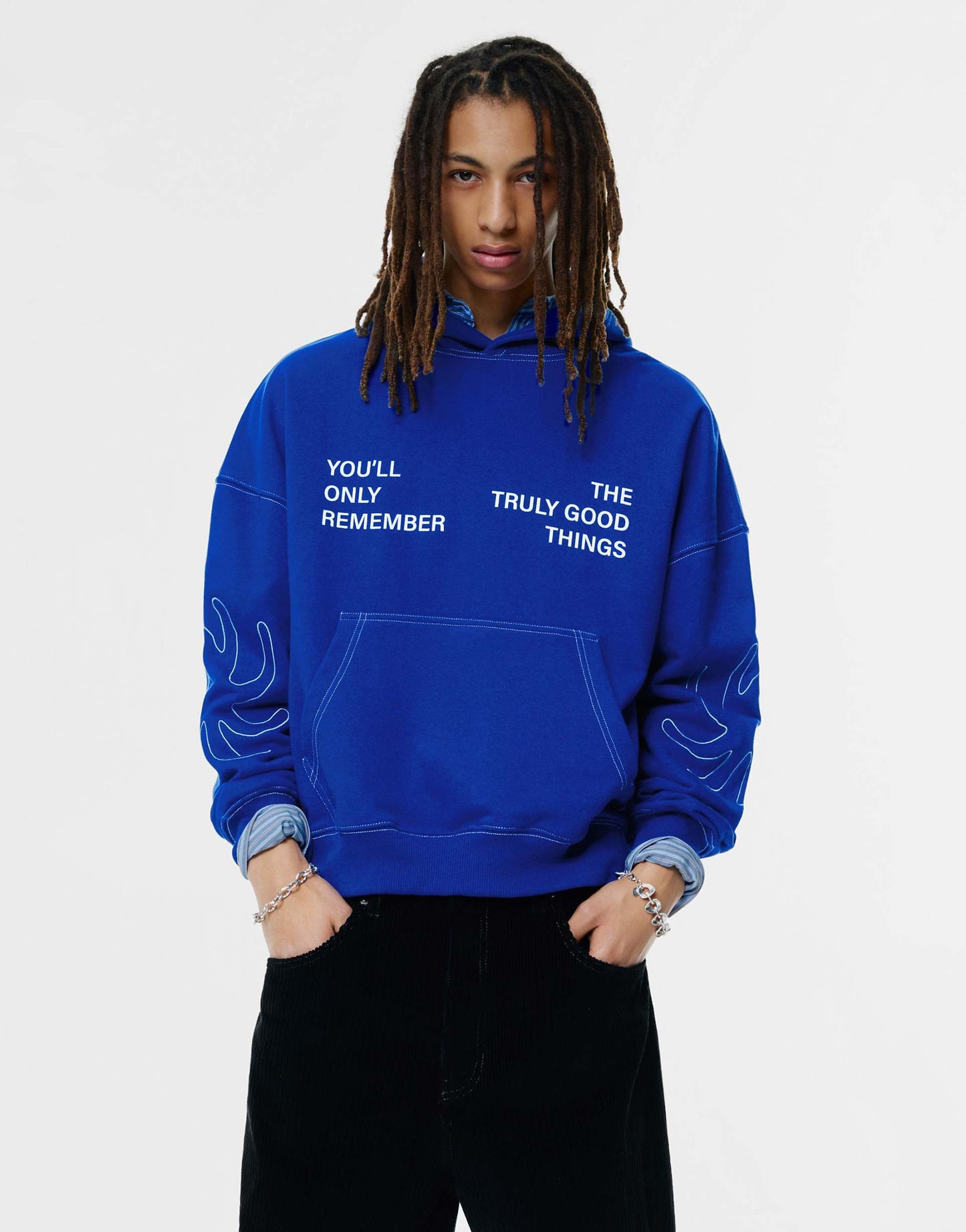 Pull&Bear Hoodie with contrast stitching in deep blue