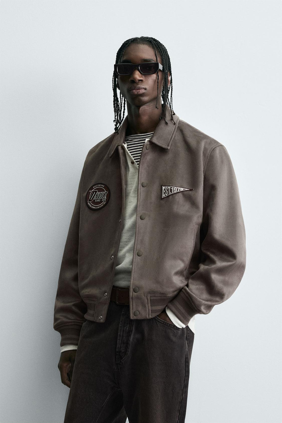 ZARA FAUX SUEDE JACKET WITH PATCH AND EMBROIDERY DETAIL