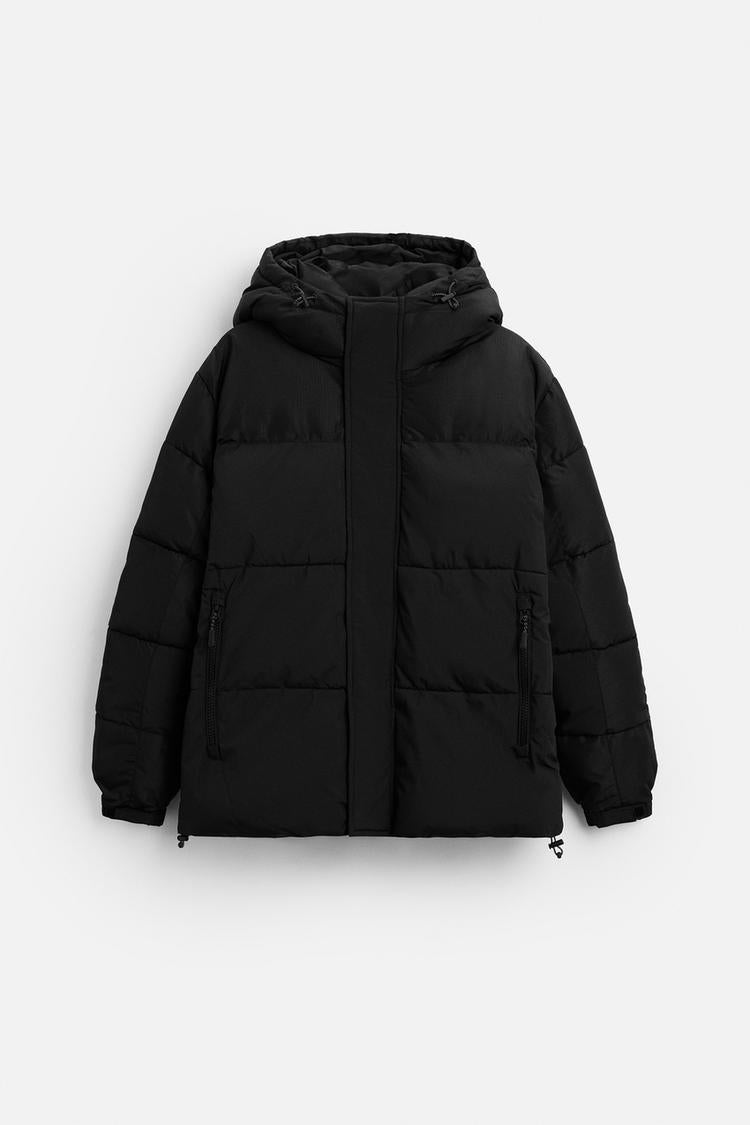 Zara men's puffy hooded jacket in black