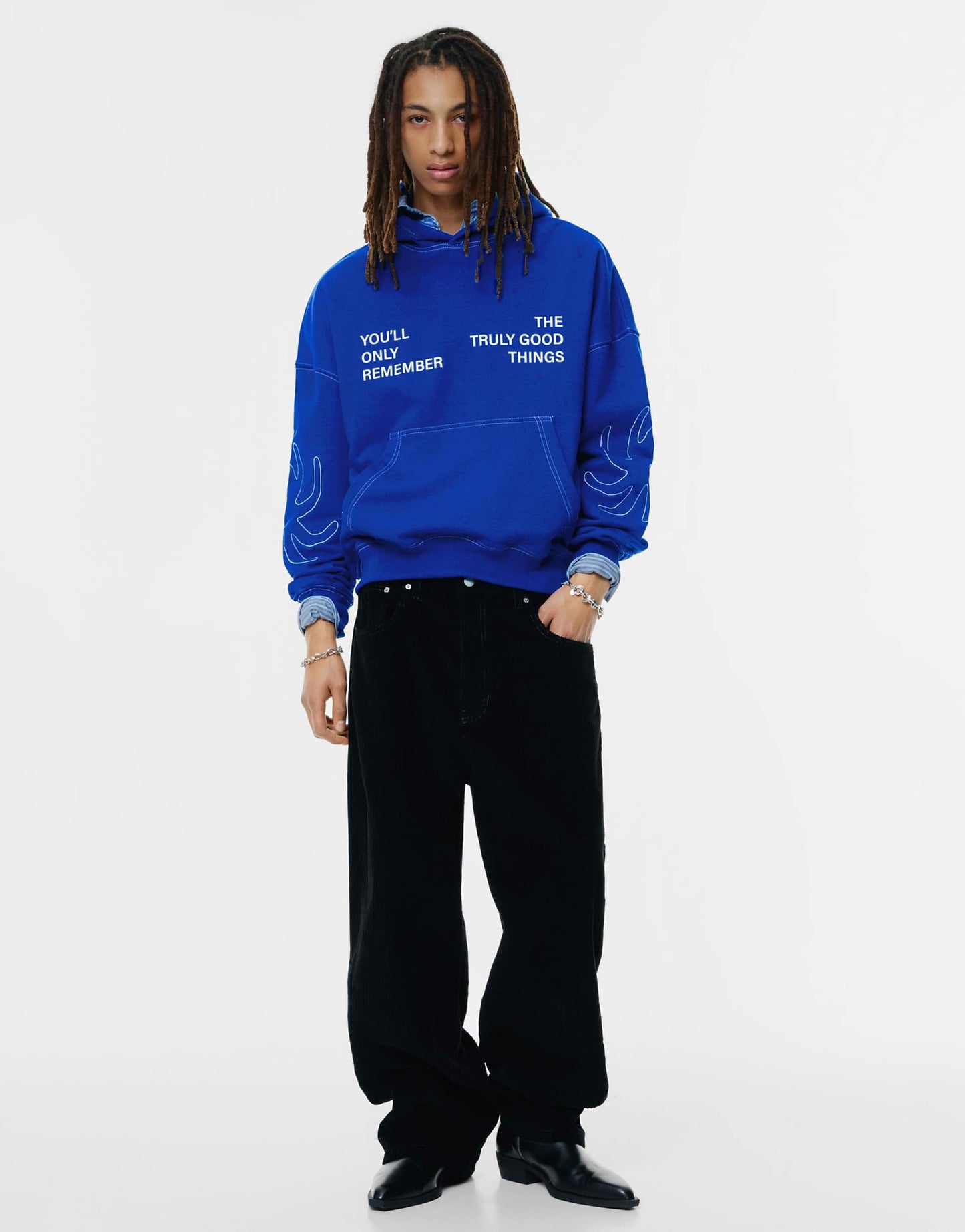 Pull&Bear Hoodie with contrast stitching in deep blue