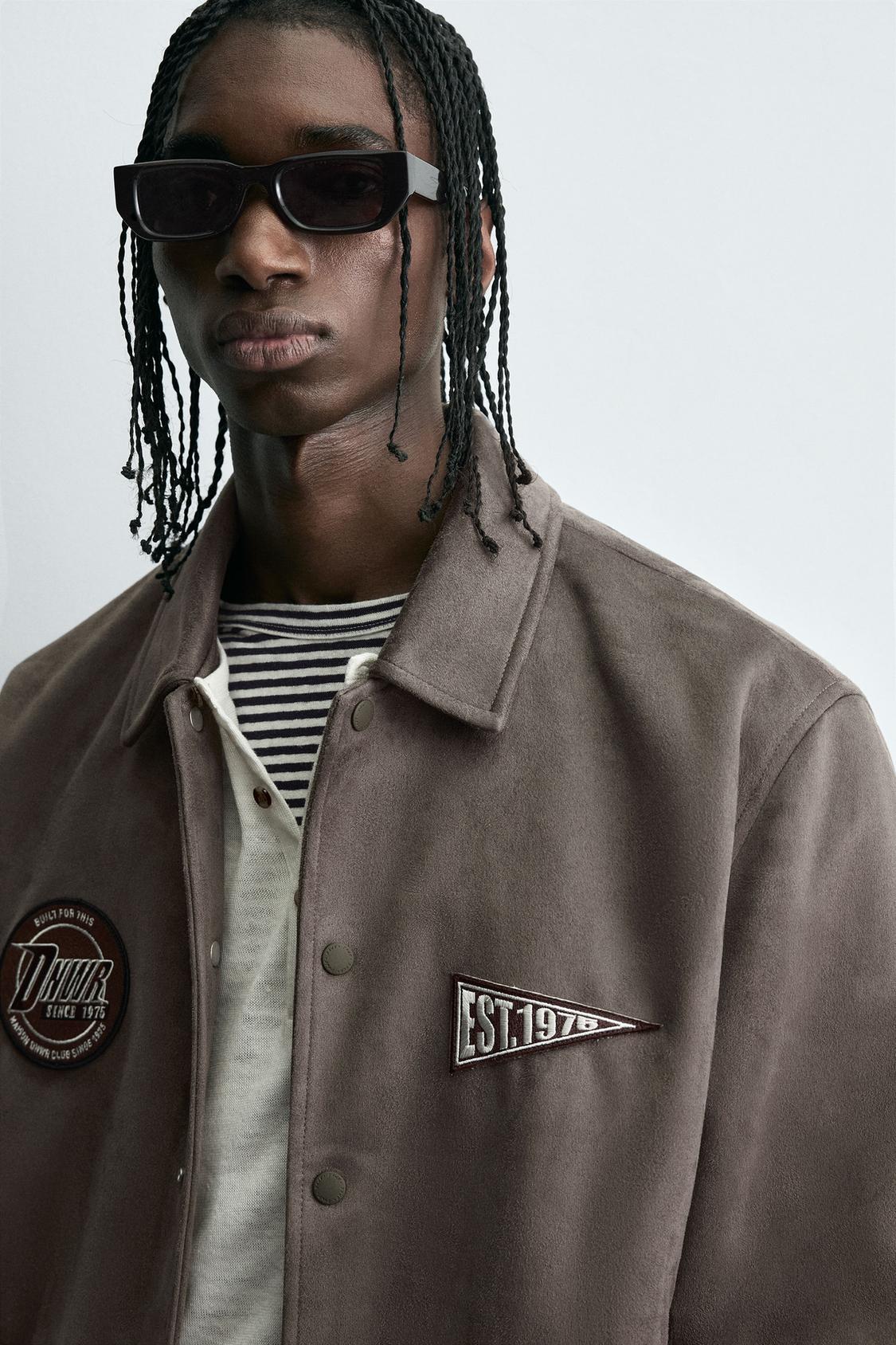 ZARA FAUX SUEDE JACKET WITH PATCH AND EMBROIDERY DETAIL