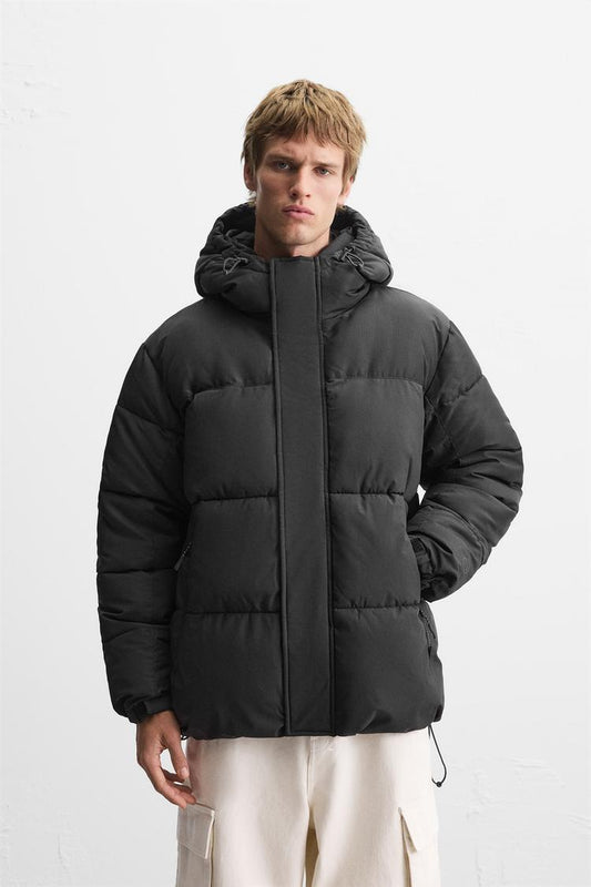 Zara men's puffy hooded jacket in black
