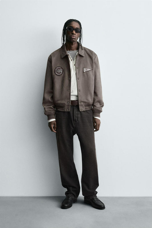 ZARA FAUX SUEDE JACKET WITH PATCH AND EMBROIDERY DETAIL