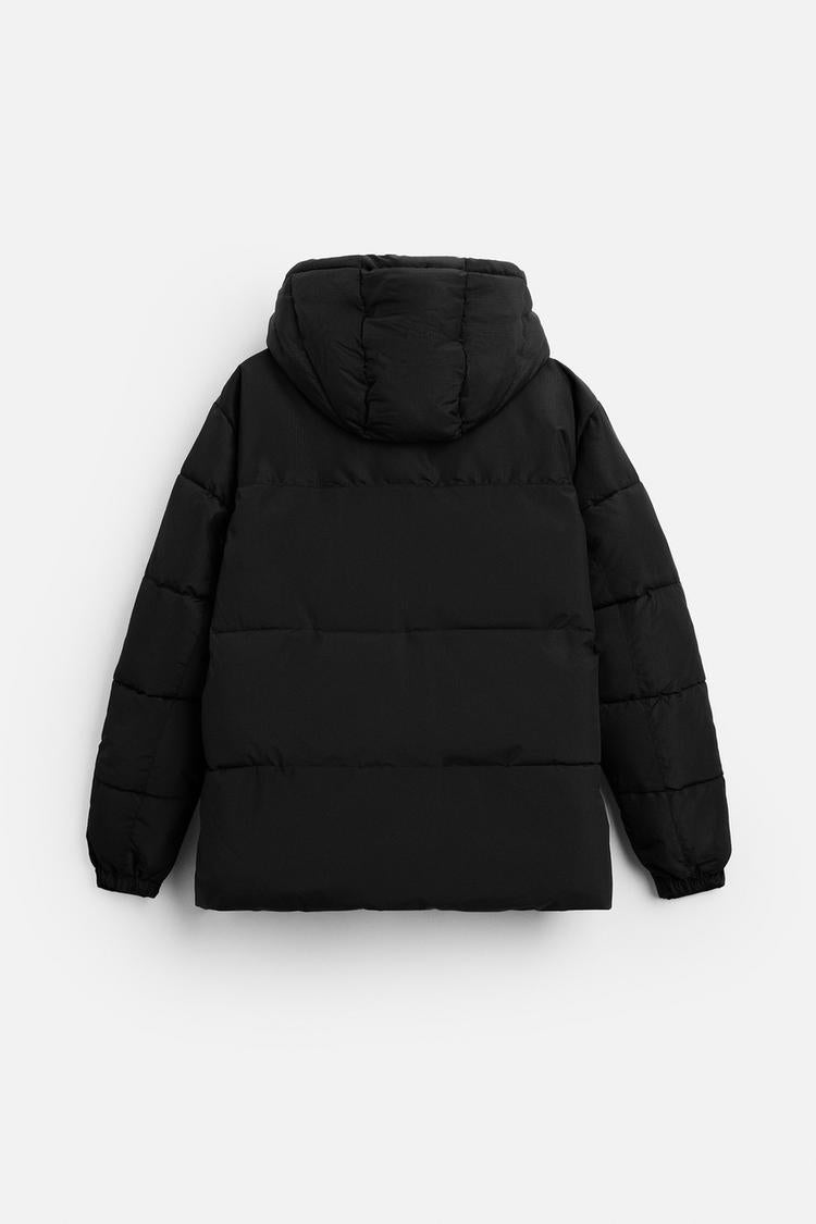 Zara men's puffy hooded jacket in black