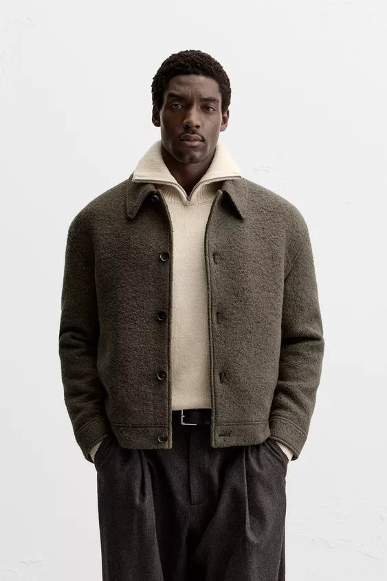 Zara Boucle Textured Jacket Light Khaki Men
