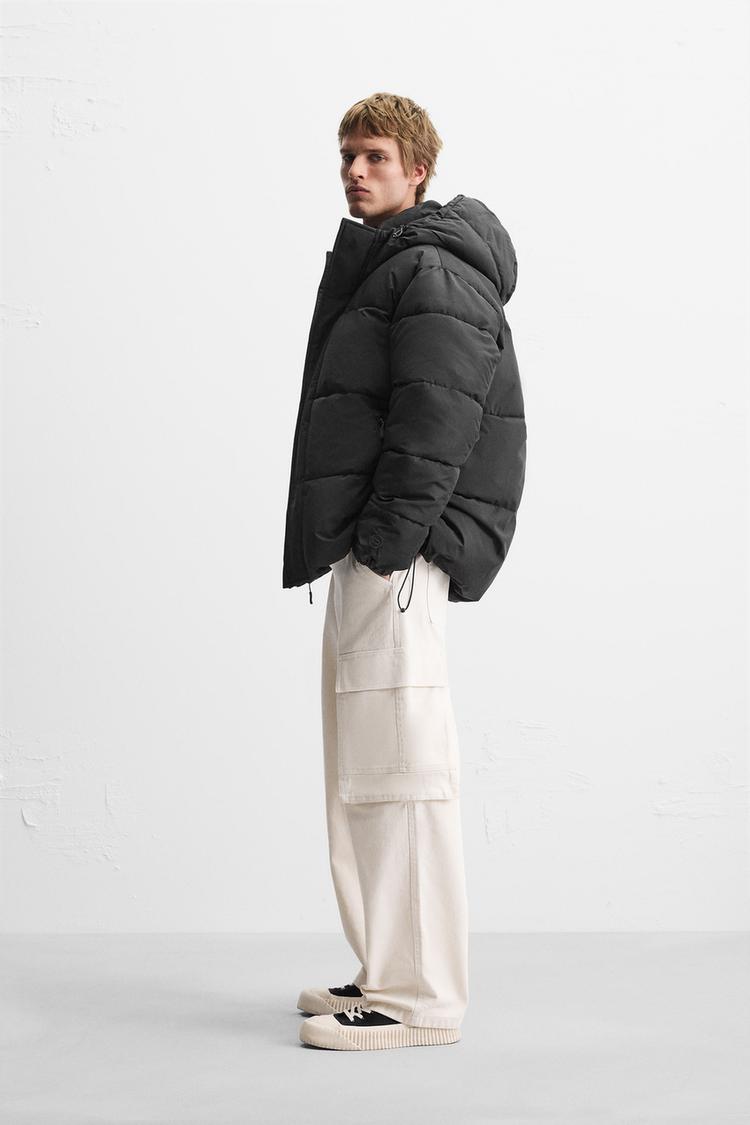 Zara men's puffy hooded jacket in black